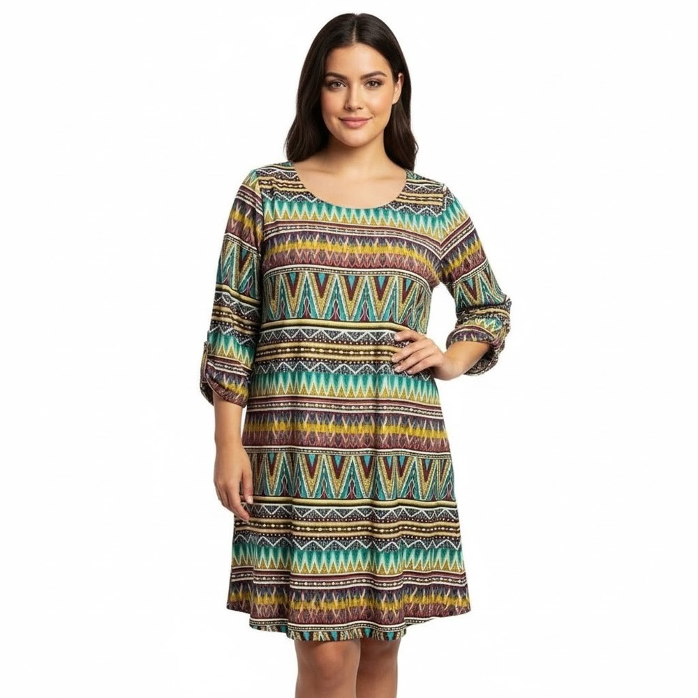 Everly‎ Tunic Dress Size Medium Multicolor Tribal Geometric Boho Chic Ethni